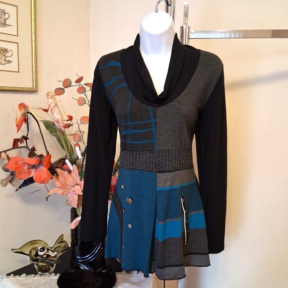 NWT Dolcezza Women's Black Gray Teal Blue Patchwork Blouse Long Sleeve Top 6 S - Picture 4 of 8